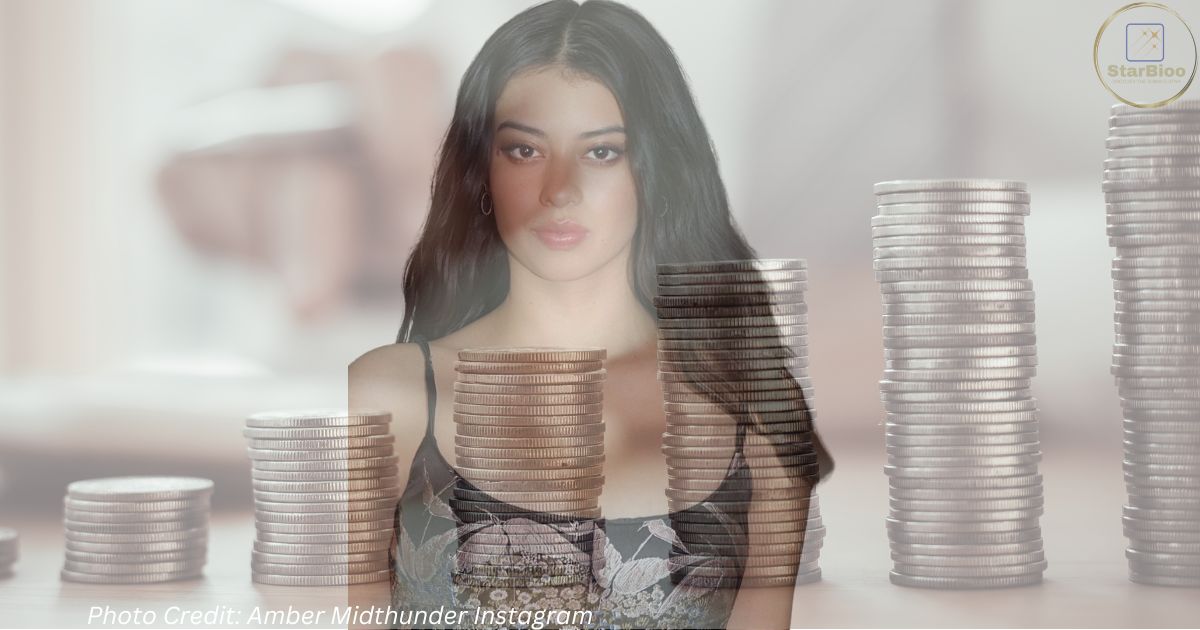 A photograph of Amber Midthunder with some coins, possibly depicting her net worth. The photograph is not clear and the amount of coins is not discernible