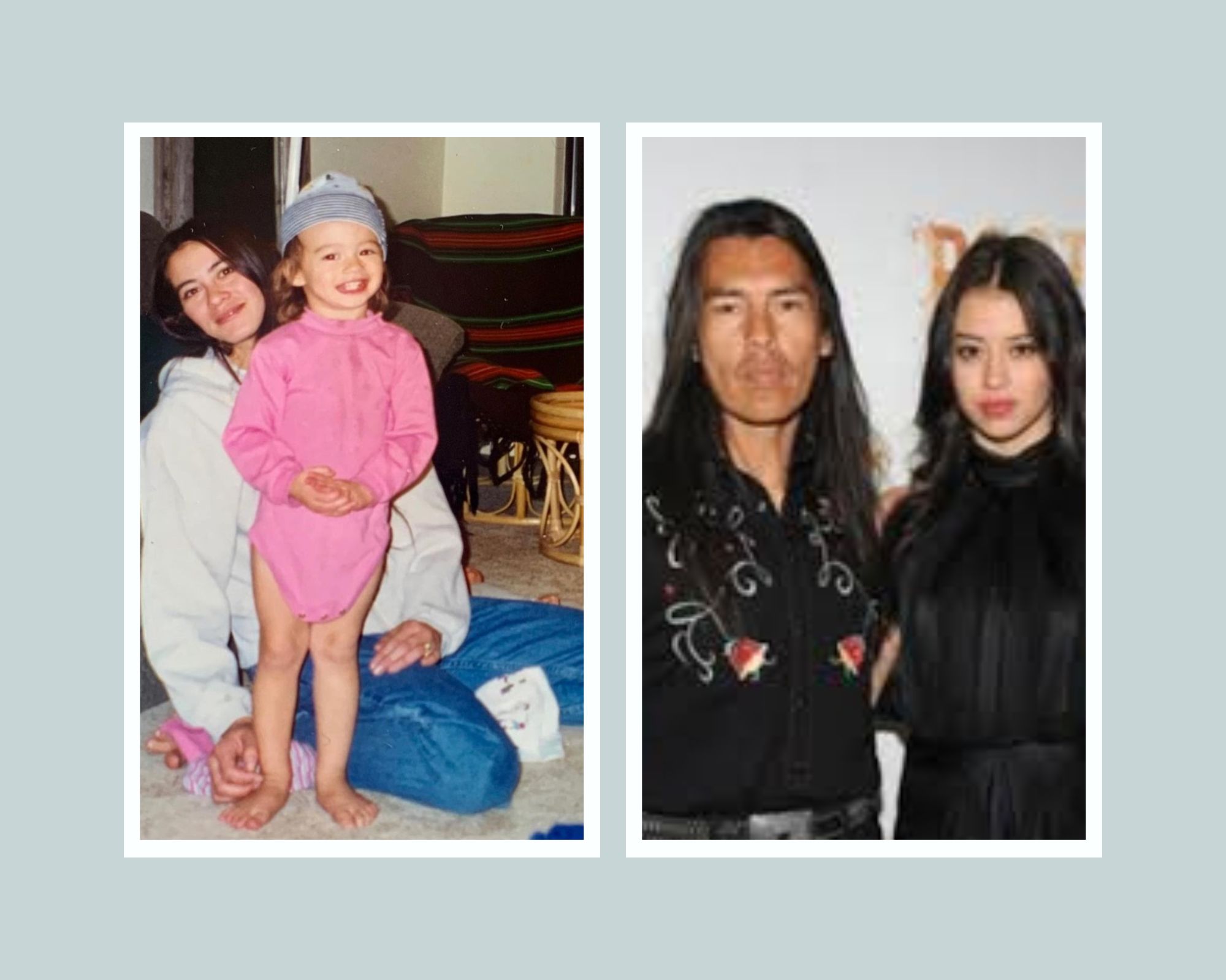 A collage of two photos featuring Amber Midthunder. In the first photo, Midthunder is seen as a child wearing a pink dress, standing next to her mother who wears a white hoodie and denim jeans. In the second photo, Midthunder is seen as a grown-up, wearing a black dress, standing next to her father who is also wearing a black dress.